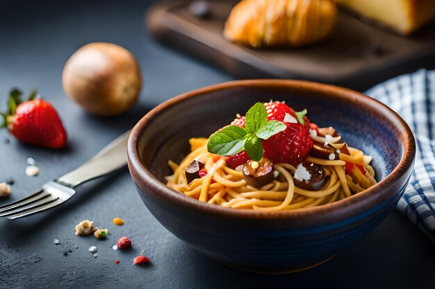 A bowl of spaghetti with a strawberry and a strawberry on the side