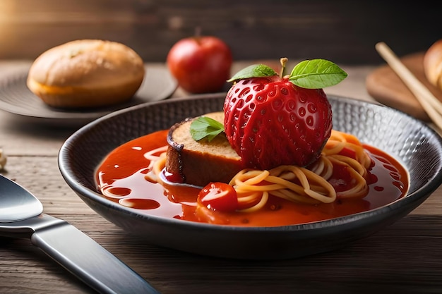 A bowl of spaghetti with a strawberry on top