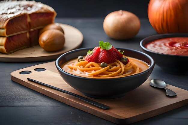 A bowl of spaghetti with a strawberry on top