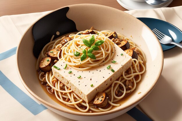 A bowl of spaghetti with a tofu cube on top.
