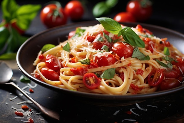 A bowl of spaghetti with tomato sauce and basil on a black background.