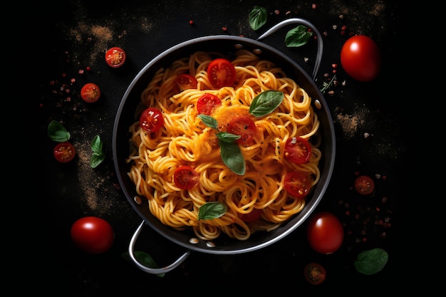 A bowl of spaghetti with tomato sauce and basil leaves on a black background.