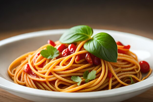 A bowl of spaghetti with tomato sauce and basil leaves on the side