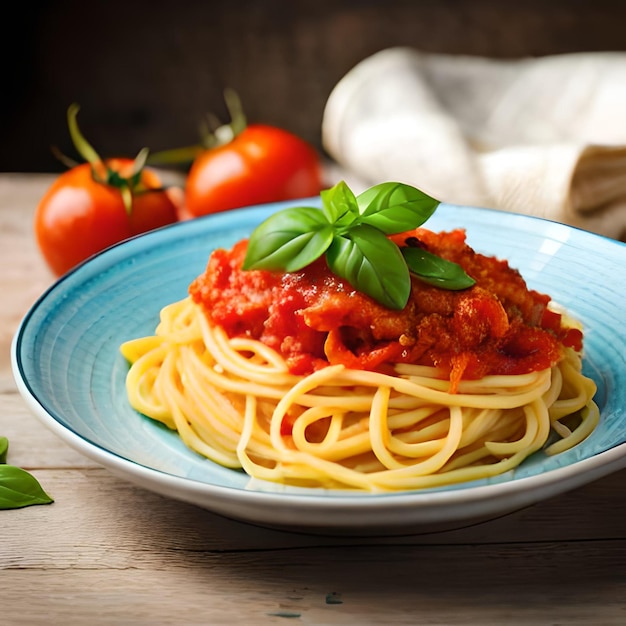 A bowl of spaghetti with tomato sauce and basil leaves on a table.