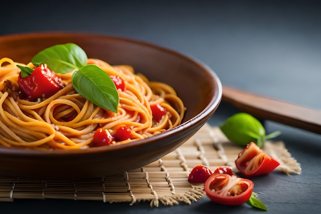 A bowl of spaghetti with tomato sauce and basil leaves on a table.