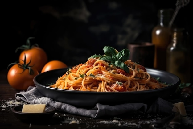 A bowl of spaghetti with tomato sauce and basil leaves on a table.