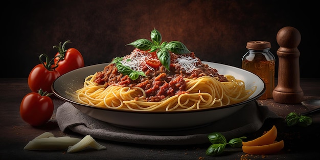 A bowl of spaghetti with tomato sauce and basil on top