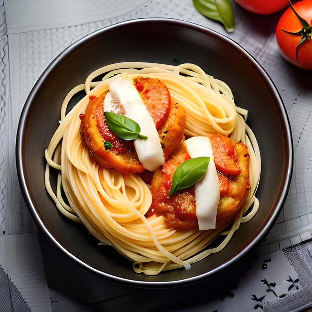 A bowl of spaghetti with tomato sauce and basil on top.