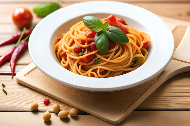 A bowl of spaghetti with a tomato sauce and basil on top