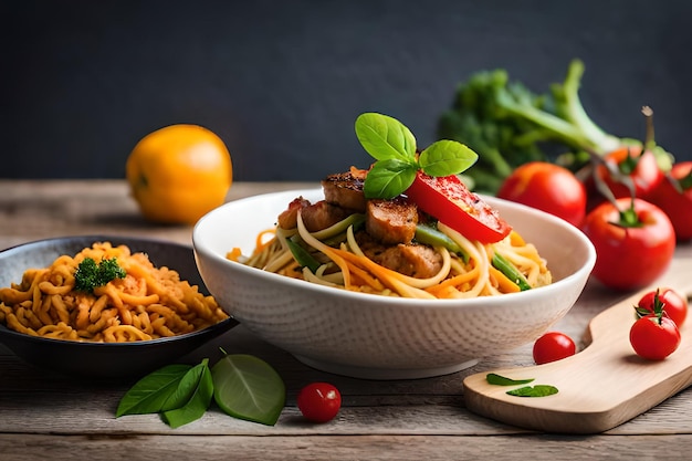 A bowl of spaghetti with a tomato sauce and a bowl of vegetables on a wooden table.