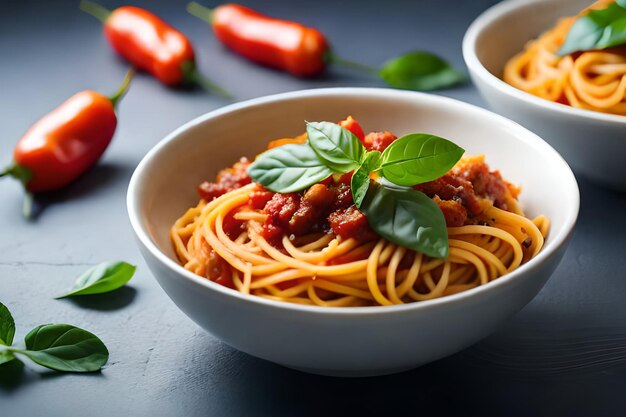 Миска спагетти с томатным соусом сверху