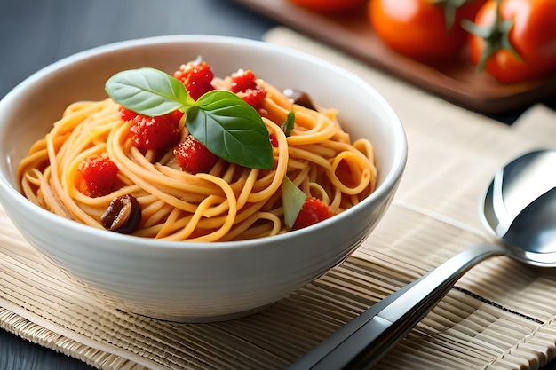 A bowl of spaghetti with tomatoes and basil on a table.