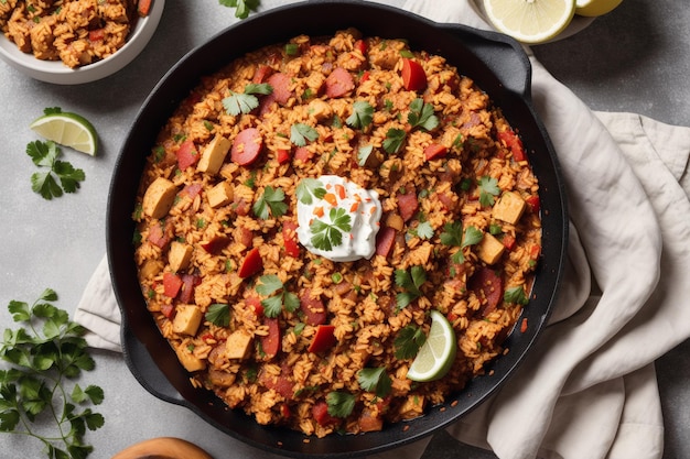 Photo a bowl of spanish rice with a red napkin on the side.