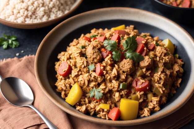 Photo a bowl of spanish rice with a spoon next to it.