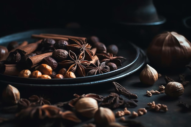 A bowl of spices and anise on a table