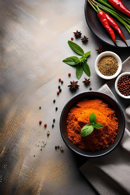 A bowl of spices and herbs on a table