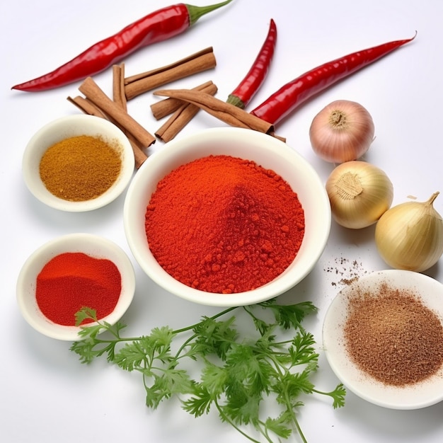 Photo a bowl of spices including red pepper, spices, and herbs.