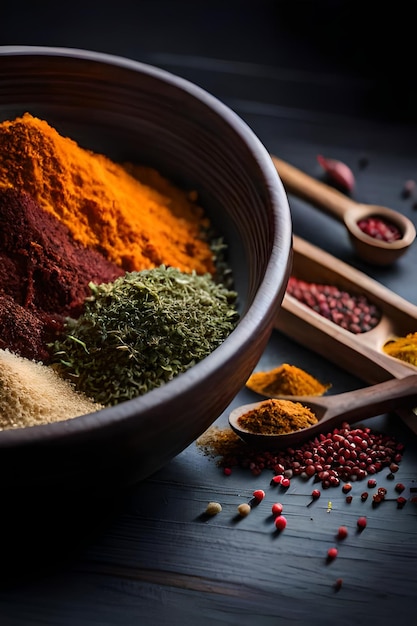 A bowl of spices and a spoon with the word spice on it