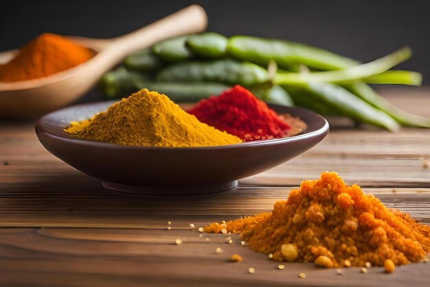 a bowl of spices with a bowl of rice and vegetables.