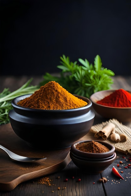 A bowl of spices with one that says'turmeric '