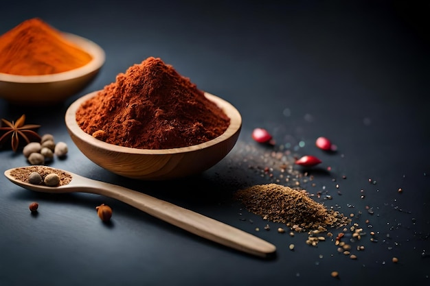 A bowl of spices with a spoon and a spoon on it