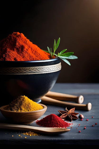 A bowl of spices with a sprig of star anise on the side