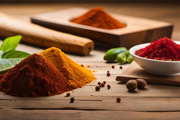 a bowl of spices with a white bowl of red pepper.