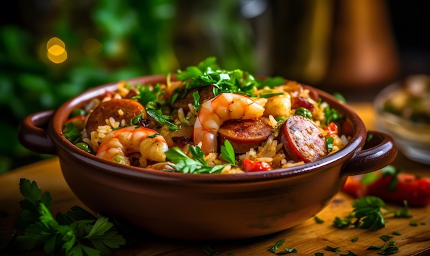 A bowl of spicy and aromatic jambalaya with shrimp and sausage Generative AI