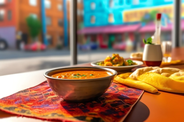A bowl of spicy Indian curry on a colorful tableclot wallpaper