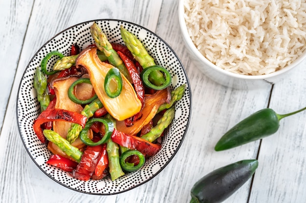 Bowl of spicy king oyster mushroom stir-fry