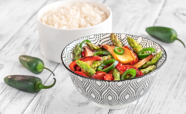 Bowl of spicy king oyster mushroom stir-fry