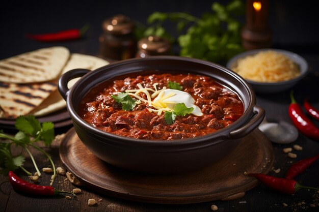 A bowl of spicy Mexican chili con carne topped with cheese and sour cream