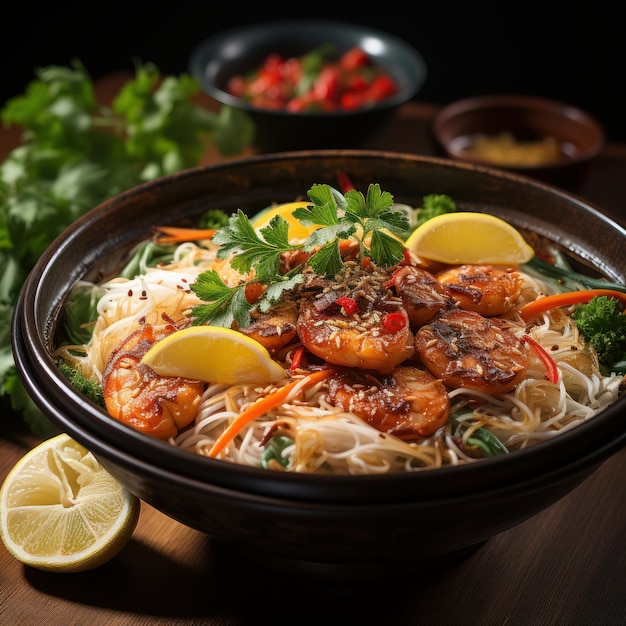 A bowl of spicy and sour tom yum soup with shrimp and lemongrass