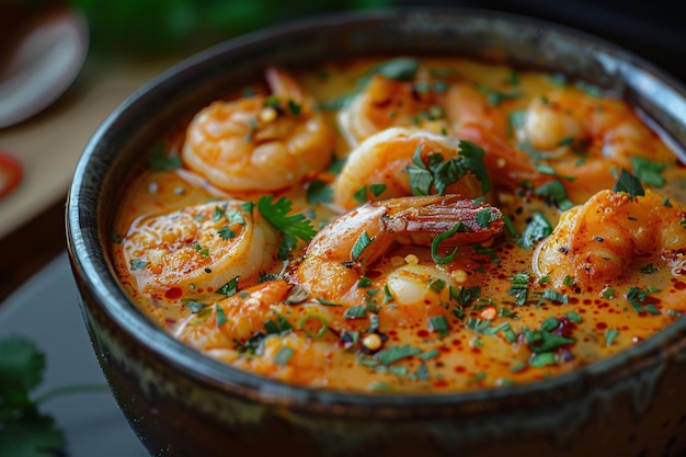 A bowl of spicy and sour tom yum soup with shrimp