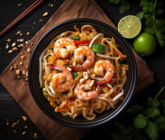 A bowl of spicy and tangy Pad Thai with shrimp and peanuts Generative AI