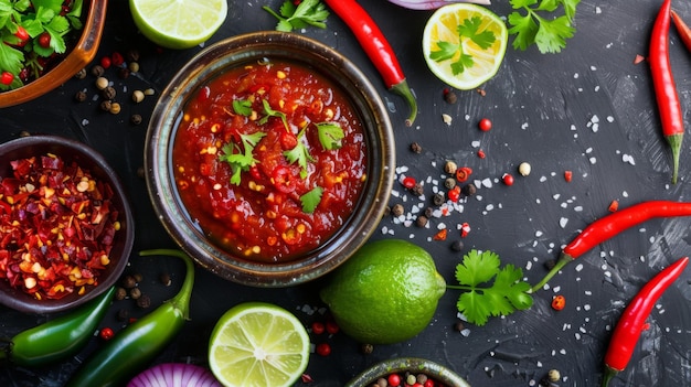 Photo a bowl of spicy thai dipping sauce surrounded by ingredients like chili peppers and lime enticing viewers with the tantalizing flavors of thai cuisine