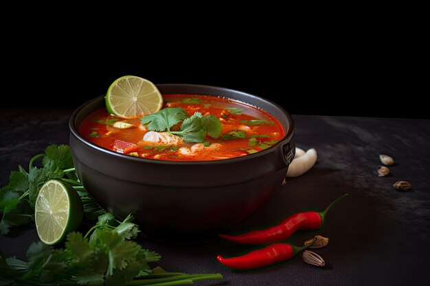 Photo bowl of spicy tom yam soup topped with fresh herbs and lime wedges created with generative ai