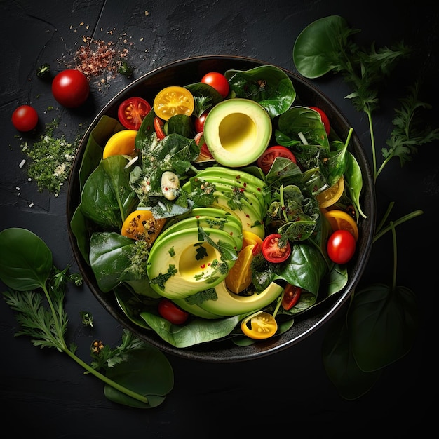 a bowl of spinach and avocado salad with herbs in the style of bold