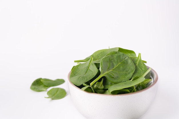 A bowl of spinach closeup copy space