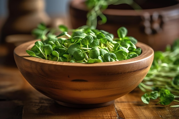 A bowl of spinach on a wooden table