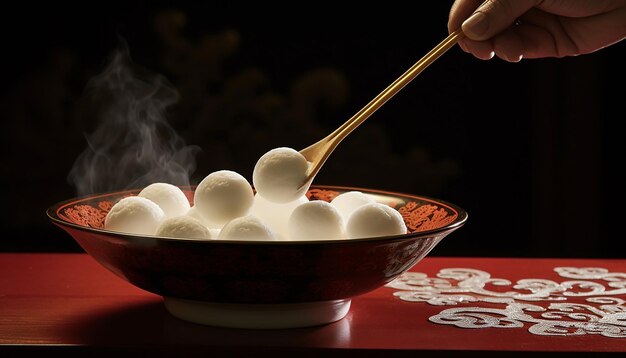 Photo in a bowl spoon a tangyuan chinese cultural theme exacting precision