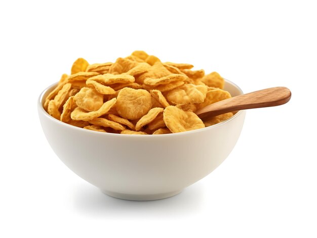 Bowl and spoon with crispy cornflakes on white background