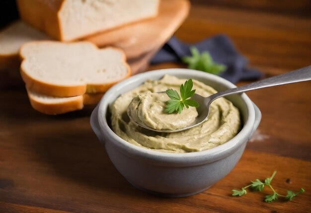 Photo a bowl of spreadable paste with a spoon on a wooden table a piece of bread and a green leafy herb in the background