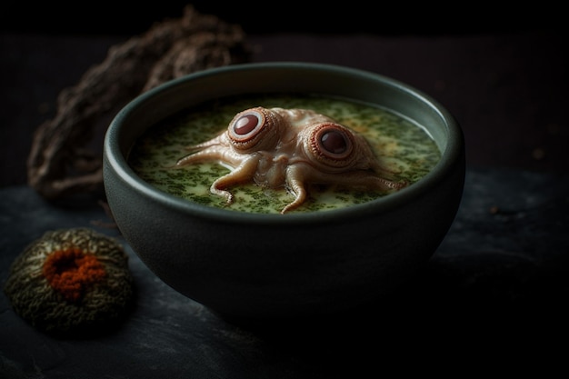 A bowl of squid with a face in the middle