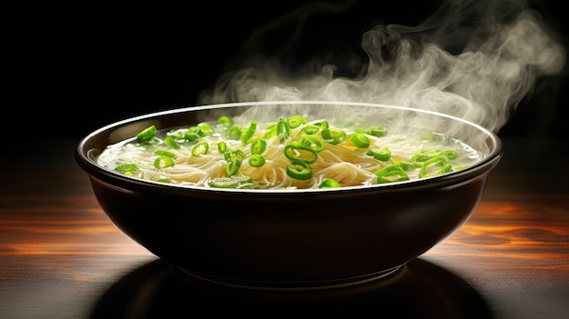 Photo bowl of steaming hot soup adorned with finely chopped green onions
