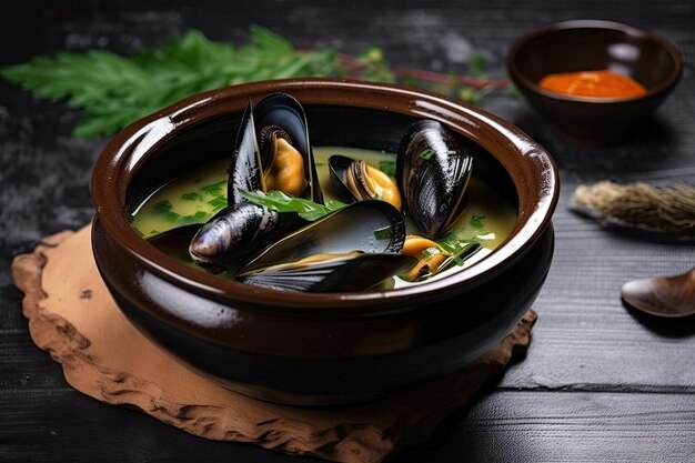 Bowl of steaming mussel soup with fresh herbs and spices