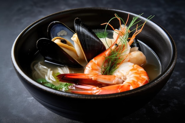 Bowl of steaming seafood soup with mussels shrimp and seaweed