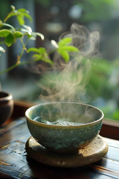 Чаша парящей воды на деревянном столе рядом с горшки растения с дымом выходит из него
