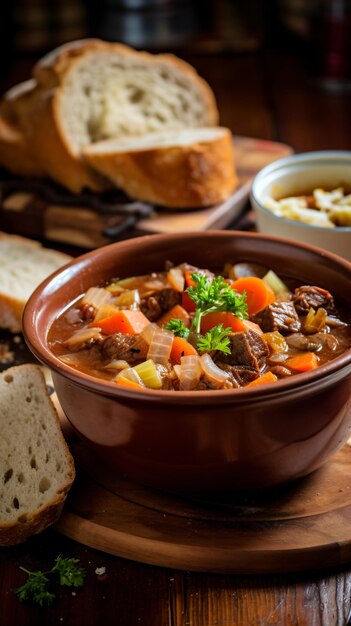 a bowl of stew with bread and bread slices