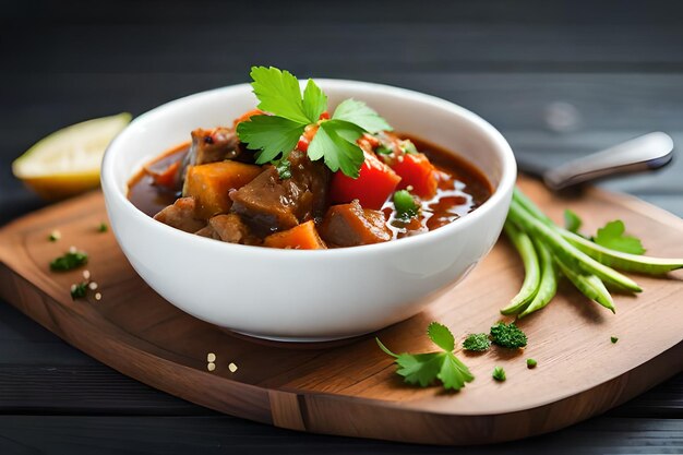 Photo a bowl of stew with carrots and celery on a wooden tray.